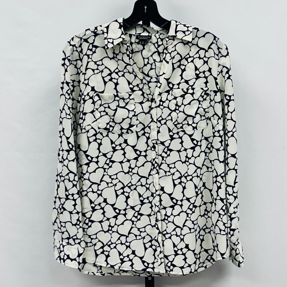 Talbots Nantucket Women Button Down Blouse Shirt Size M Petite Black White Heart